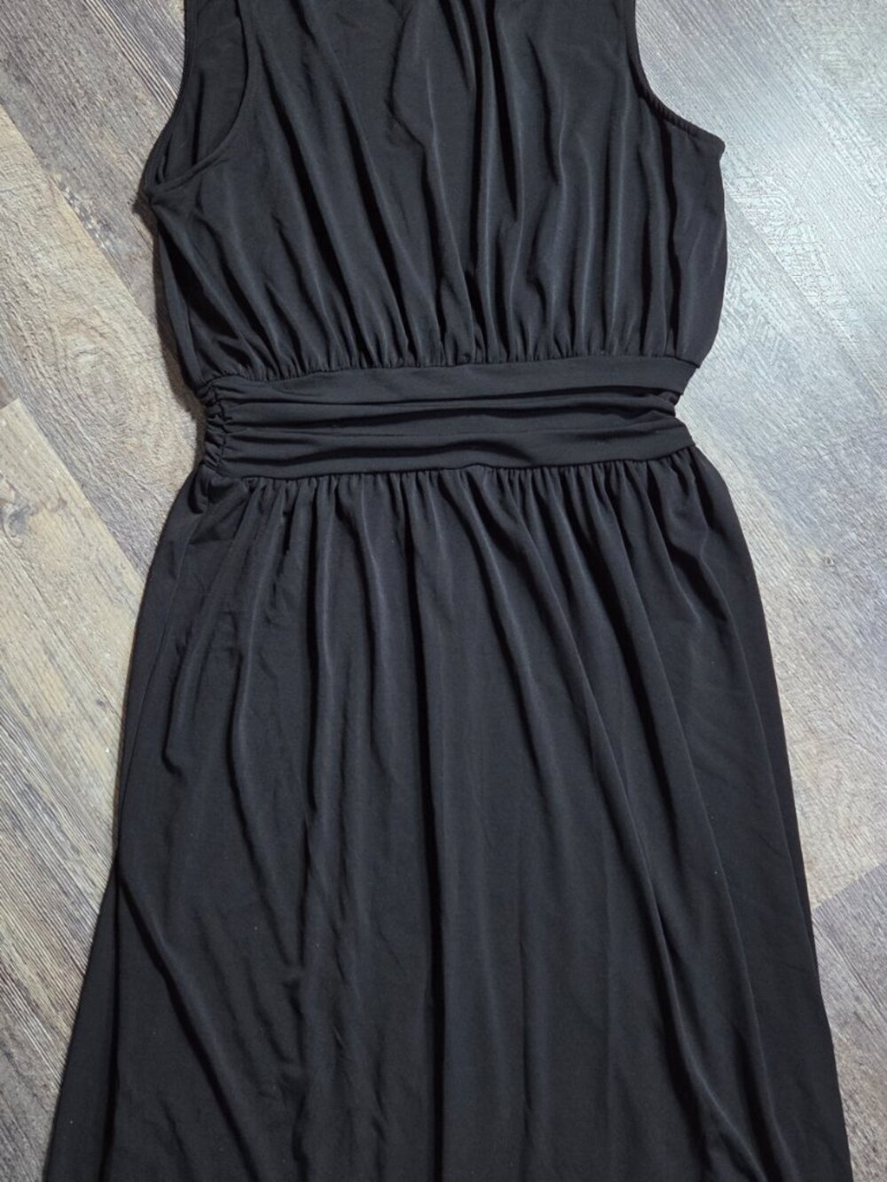 NWT Black Midi Dress Ruched Waist Tie Neckline Size Med Leota